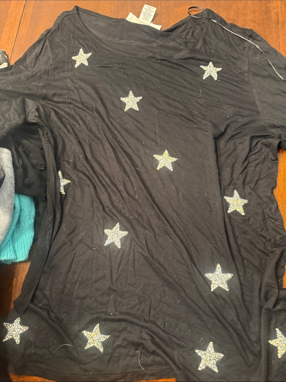 Workshop Republic Clothing Black Long Sleeve Tee with Silver Star Embellishments